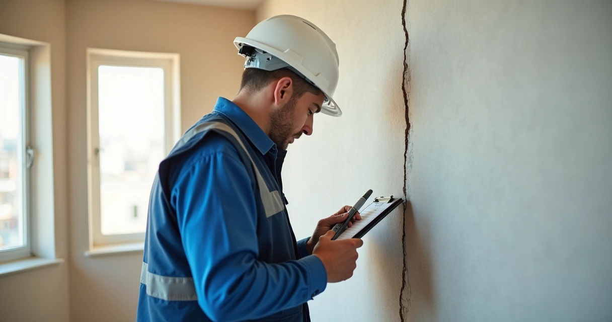 Engenheiro inspecionando trinca em parede 