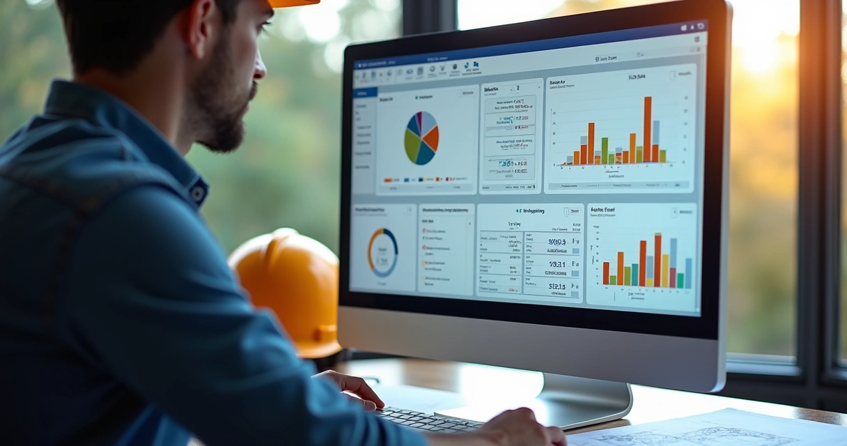 Engenheiro utilizando CRM no computador em ambiente de escritório, várias janelas com gráficos e contatos de empresas. 