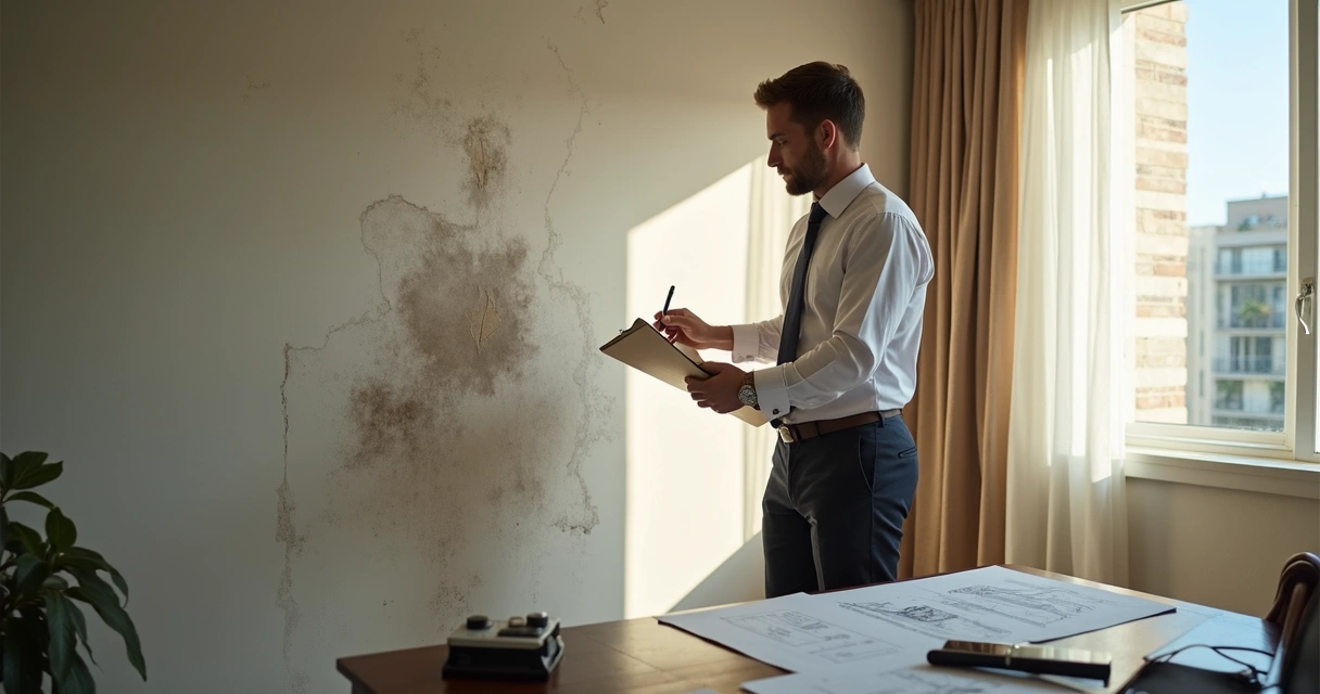 Engenheiro vistoriando parede de apartamento com prancheta em mãos. 