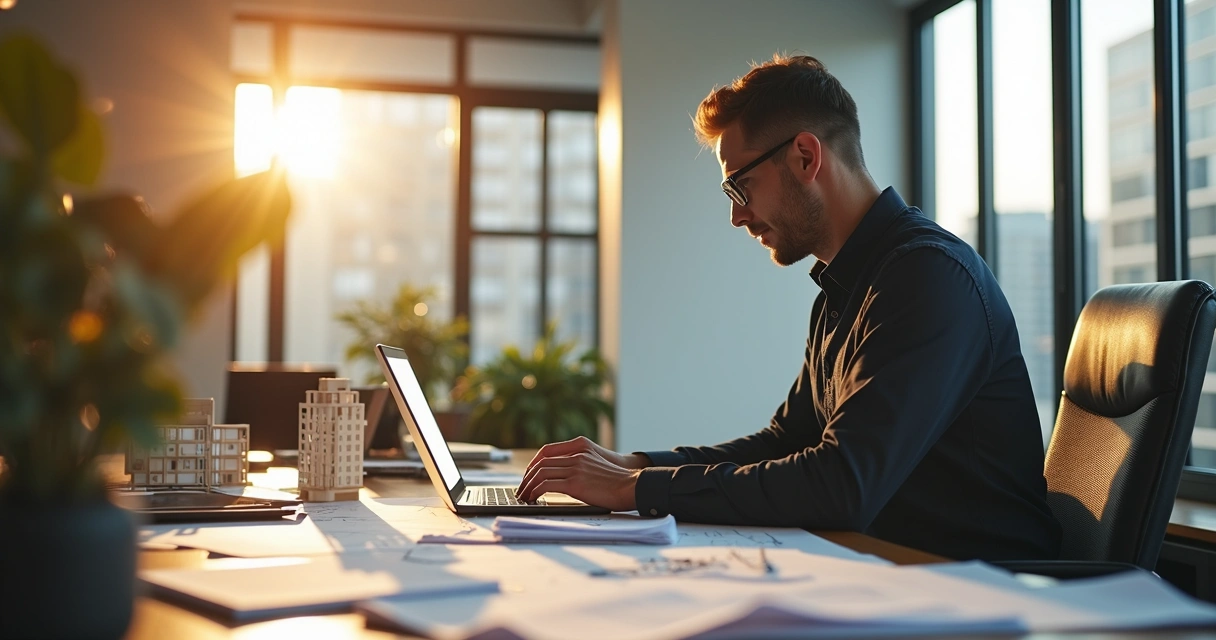 Engenheiro elabora laudo técnico à mesa do escritório 