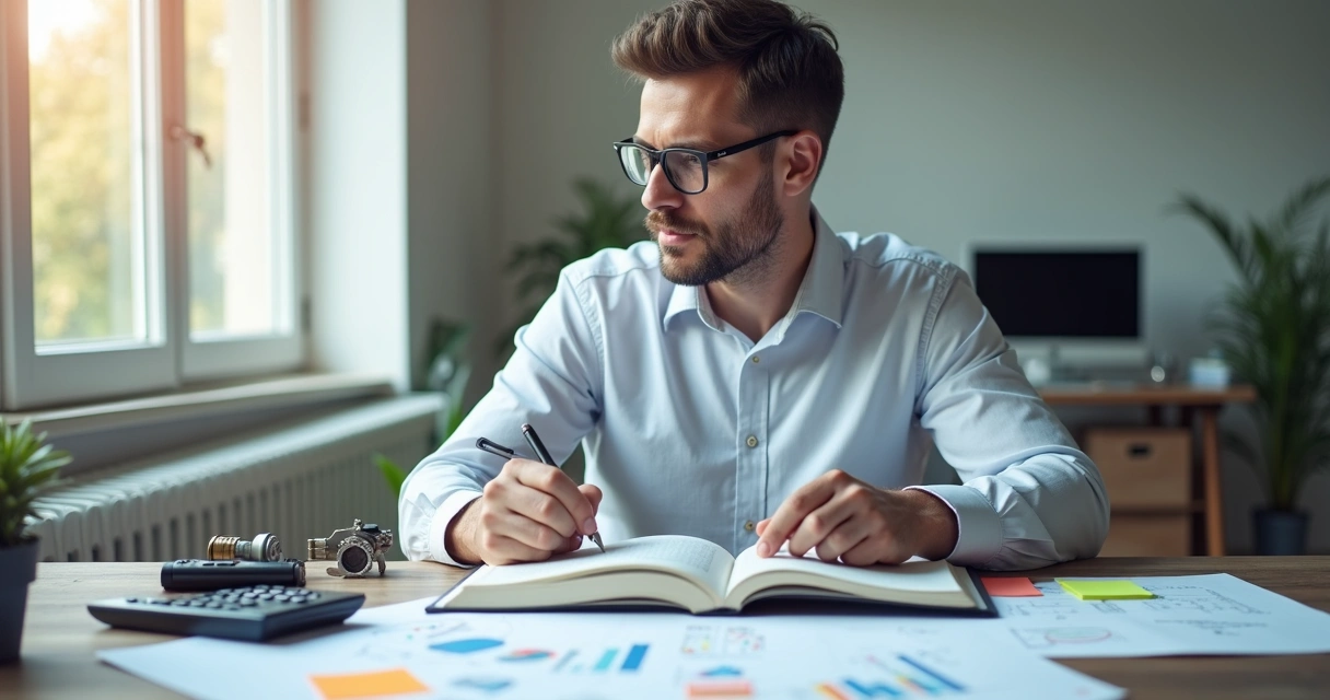 Engenheiro lendo livro de finanças em ambiente de trabalho 
