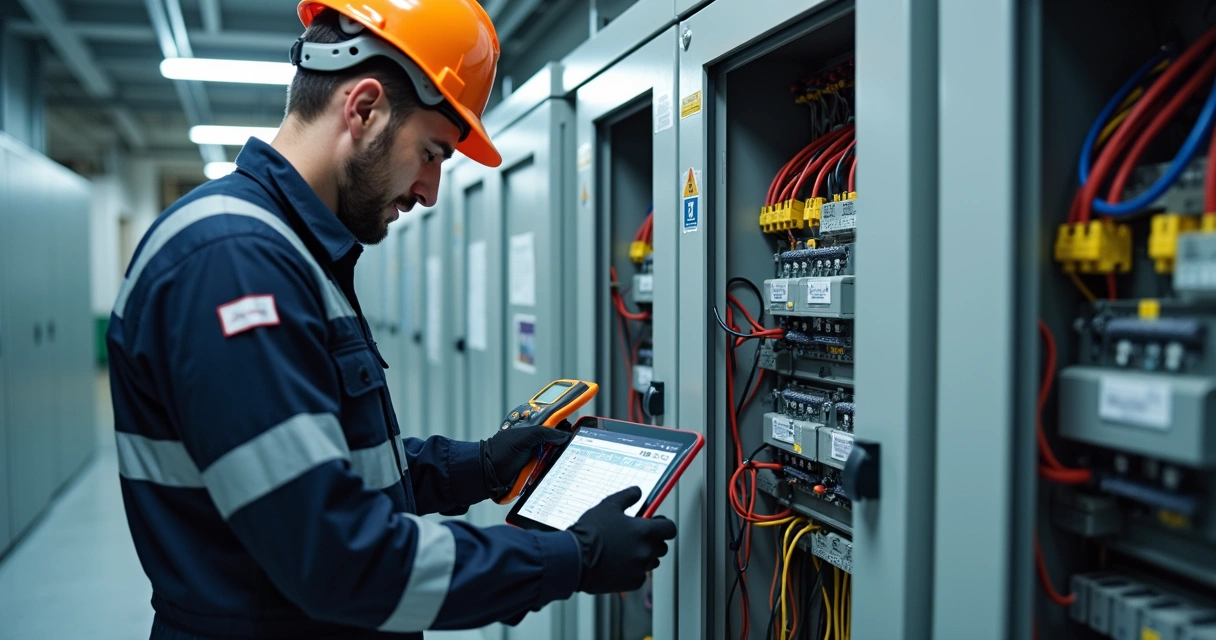 Engenheiro realizando manutenção elétrica em painel industrial e predial 