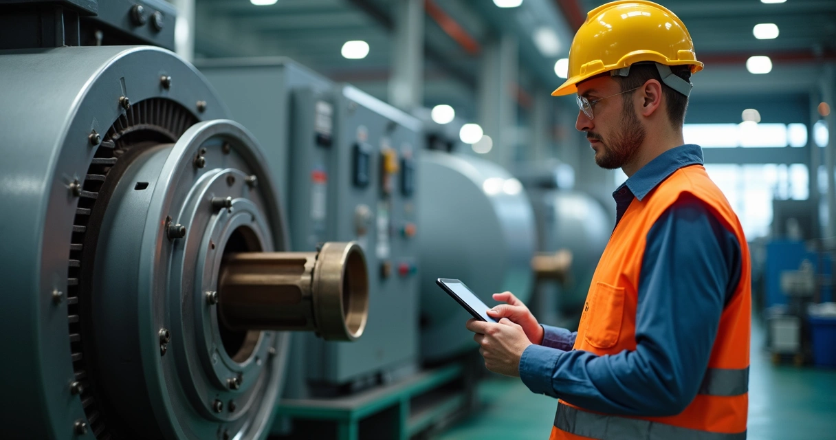 Engenheiro inspeciona equipamento industrial com tablet em ambiente de fábrica 