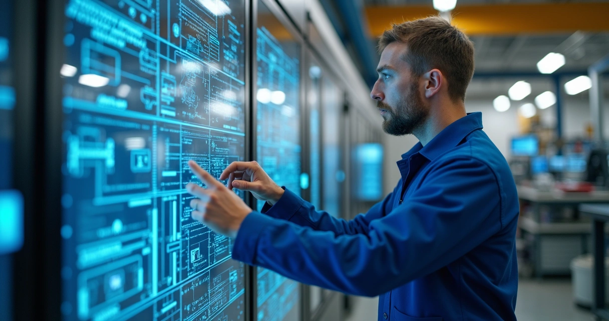 Engenheiro analisa painel de sensores industriais conectados. 
