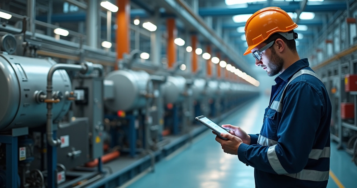 Engenheiro de manutencao industrial analisando tubulacoes e compressores com tablet 