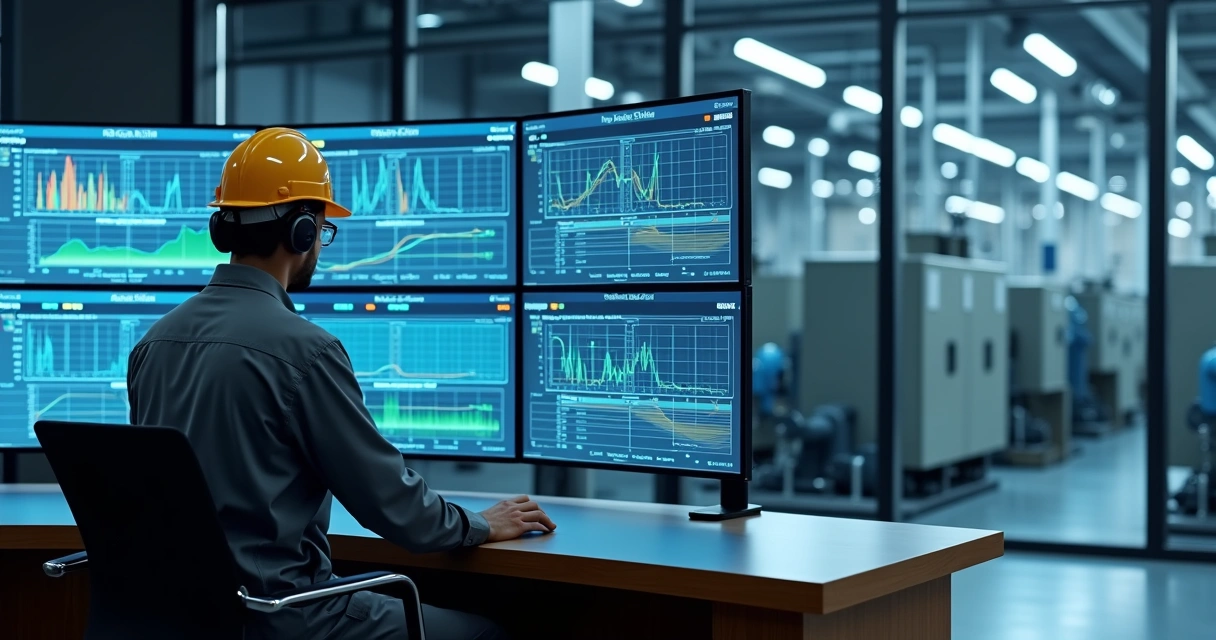 Engenheiro analisando painel digital de manutenção preditiva em sala de controle industrial 