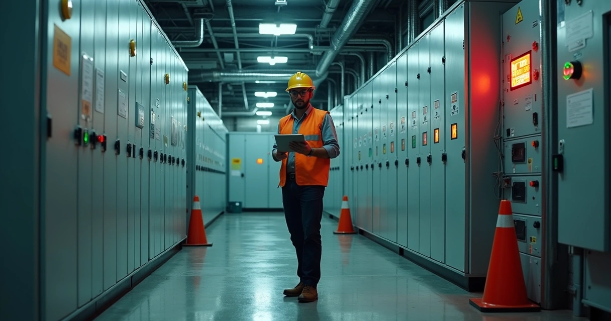 Engenheiro analisando painel elétrico dividido entre manutenção preventiva e corretiva 