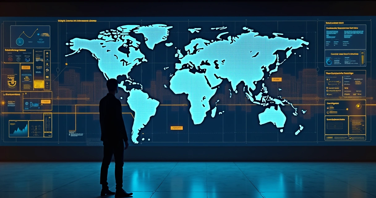 Pessoa analisando integração de processos digitais em parede com mapas e notas coloridas 