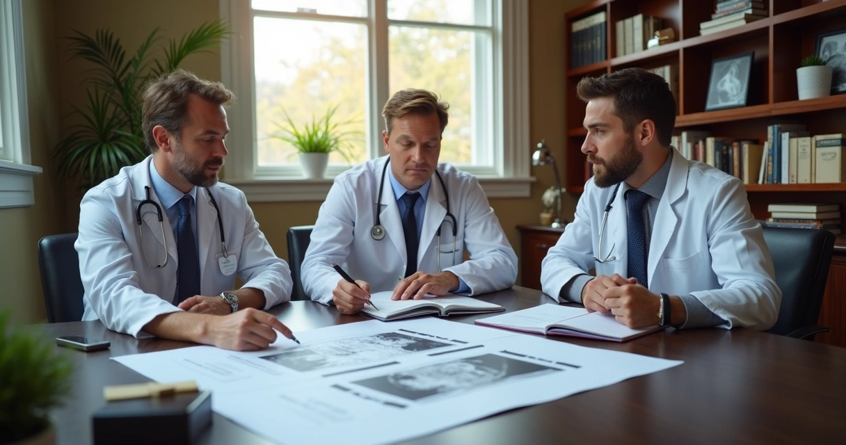 Engenheiro, médico e jurista reunidos analisando documentos 