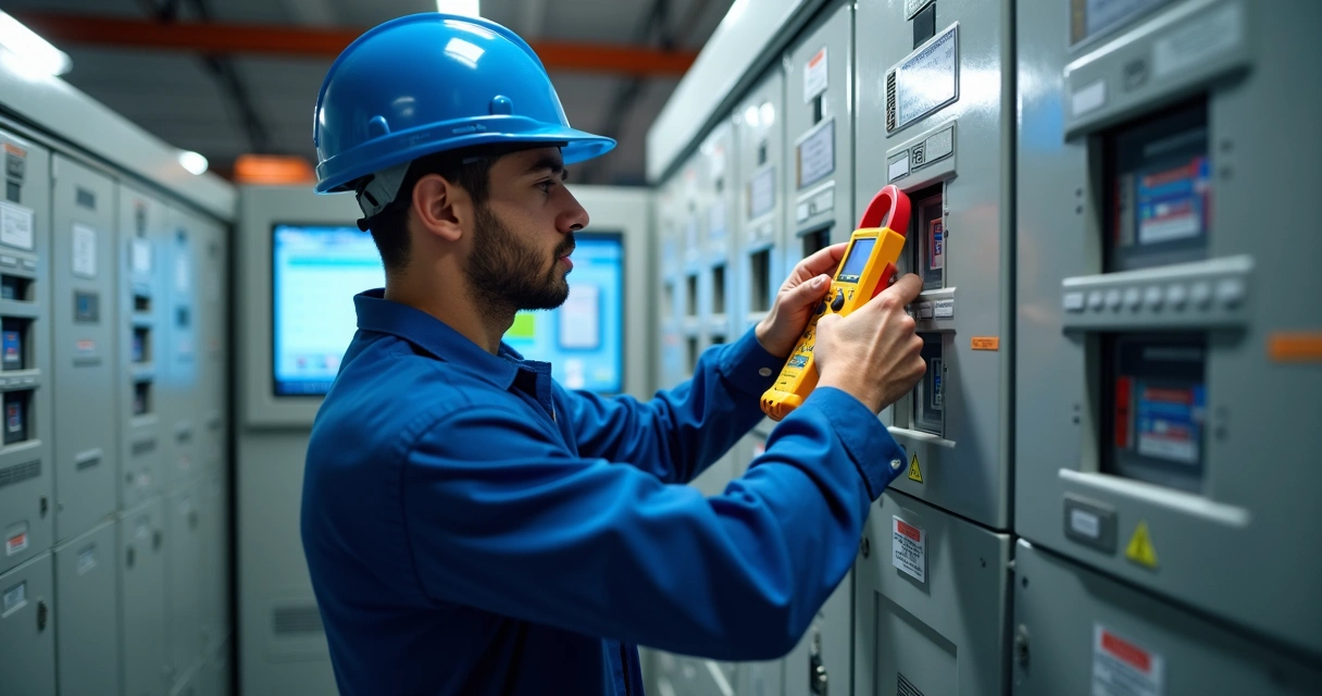 Engenheiro medindo a curva de carga em quadro elétrico de condomínio