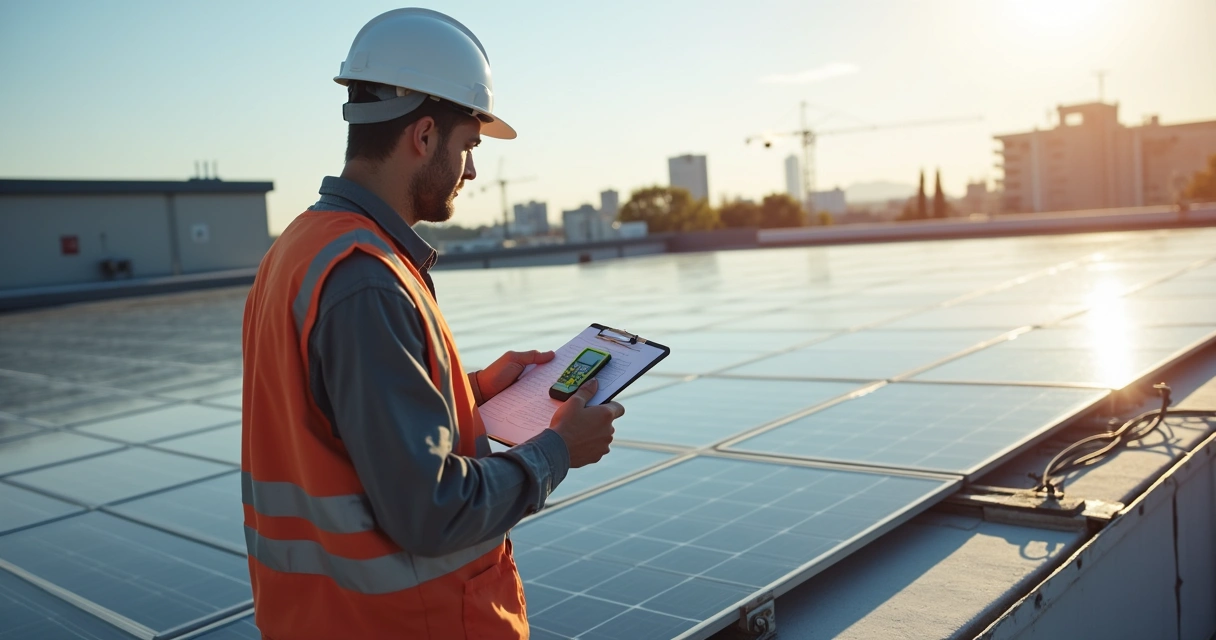 Engenheiro analisando placas solares em telhado com instrumentos de medição