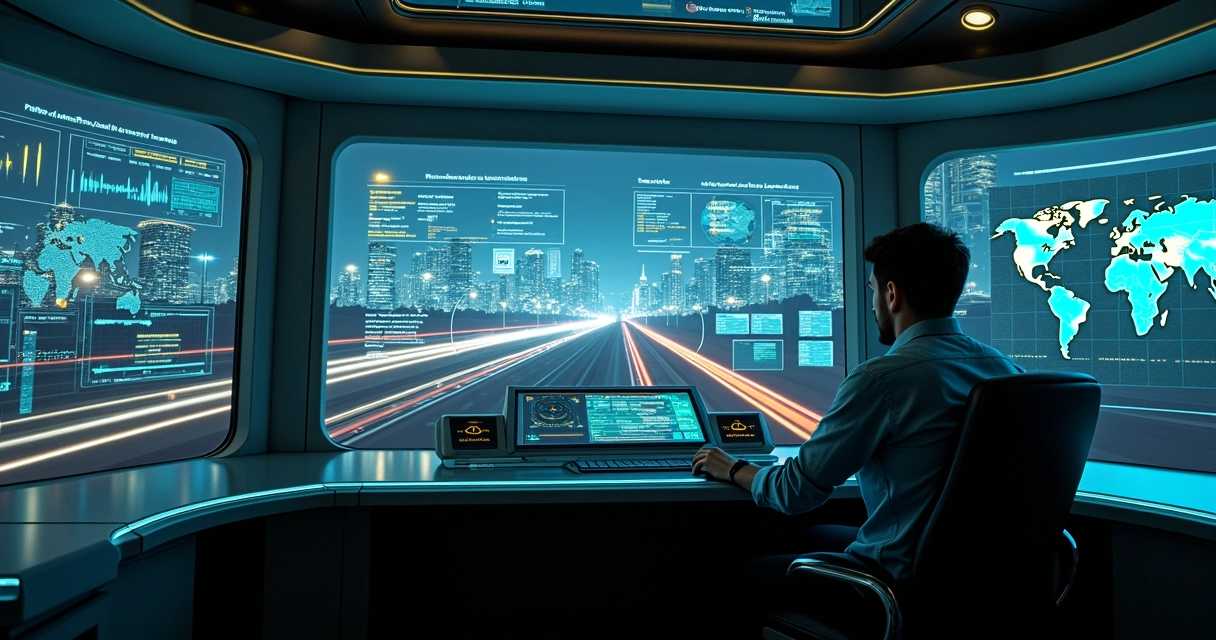 Engenheiro de dados em cabine de trem futurista monitorando painéis de IA 