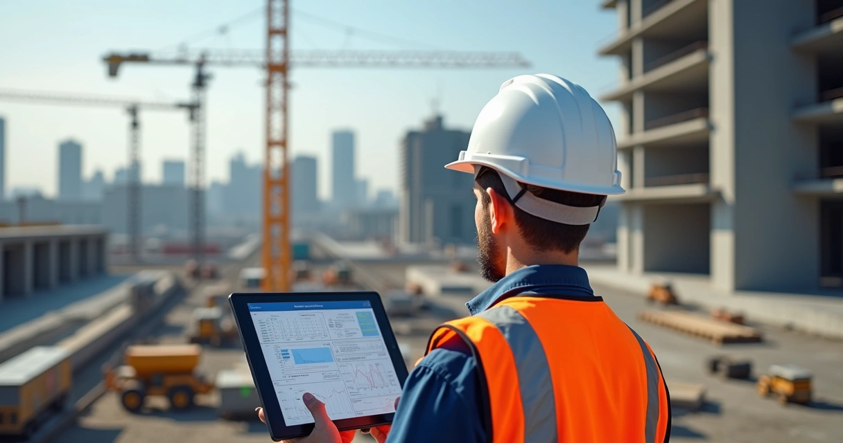 Engenheiro inspeciona obra usando tablet para monitoramento digital 