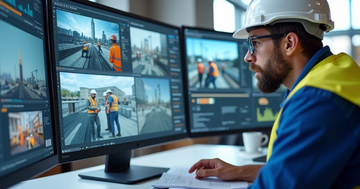 Engenheiro observando dashboard com múltiplas frentes de obra exibidas 