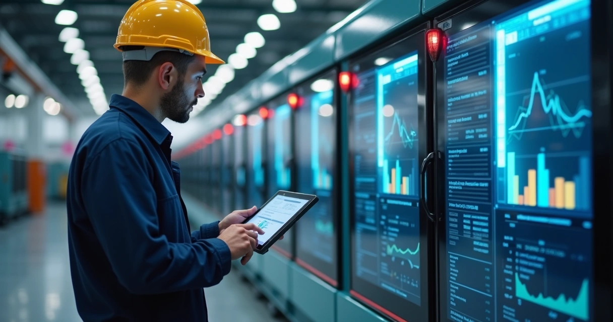 Engenheiro usando tablet para monitorar manutenção de máquinas 