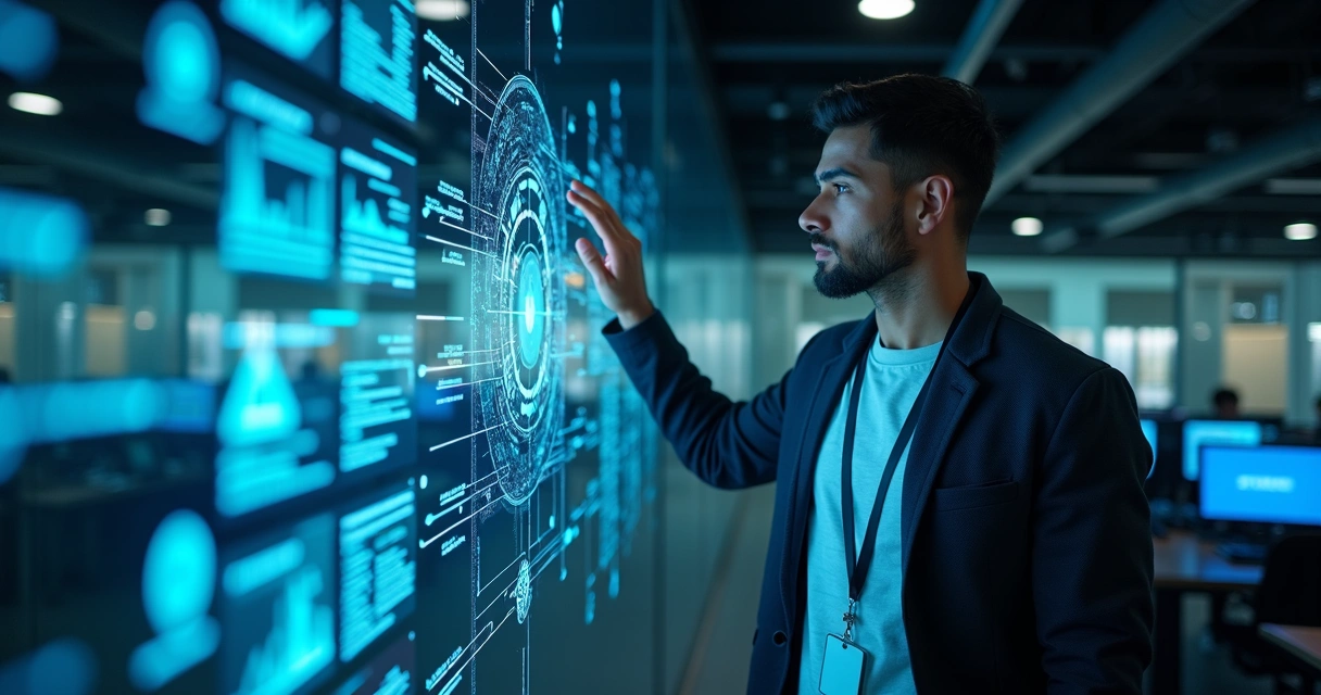 Engineer organizing interconnected digital panels of B2B tools