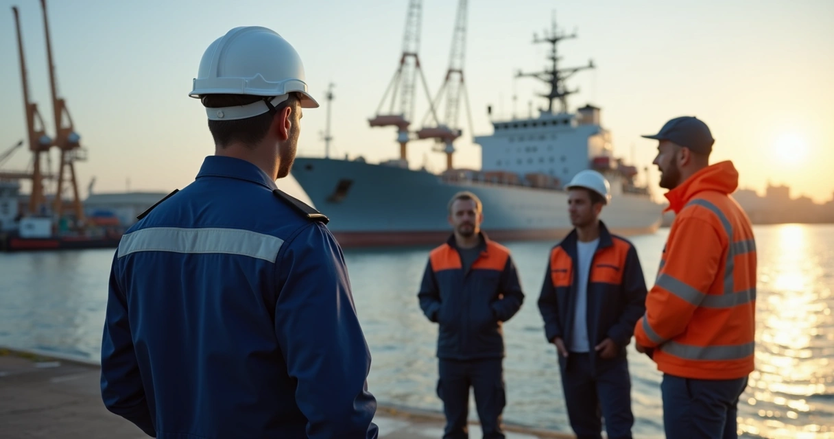 Engenheiro naval coordenando equipe técnica no porto