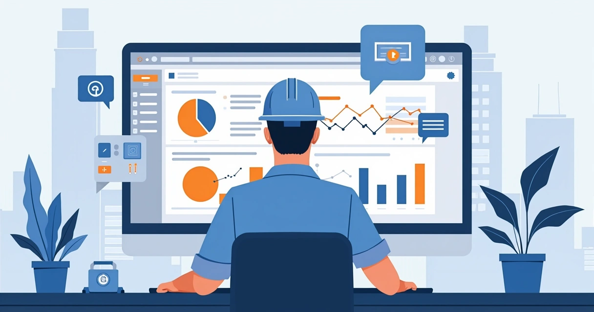 Engenheiro olhando para tela do notebook com gráficos de anúncios no Google Ads 