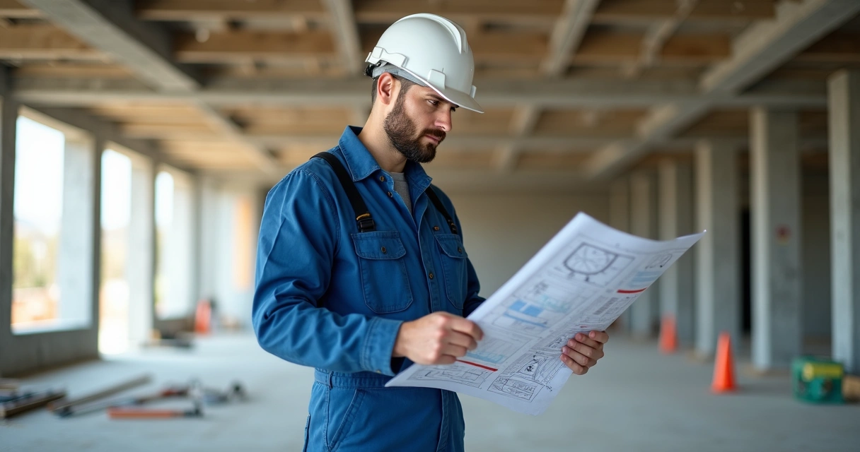 Engenheiro lendo planta de normas técnicas de segurança em obra 