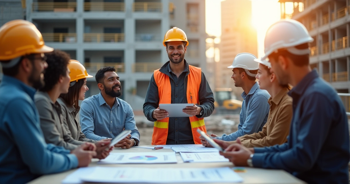 Engenheiro liderando uma equipe de obra com telas digitais mostrando dados de IA 