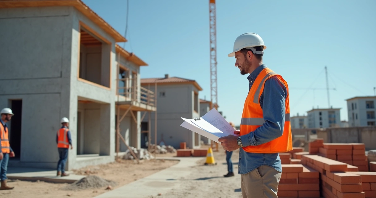 Profissional conferindo planta em canteiro de obras 