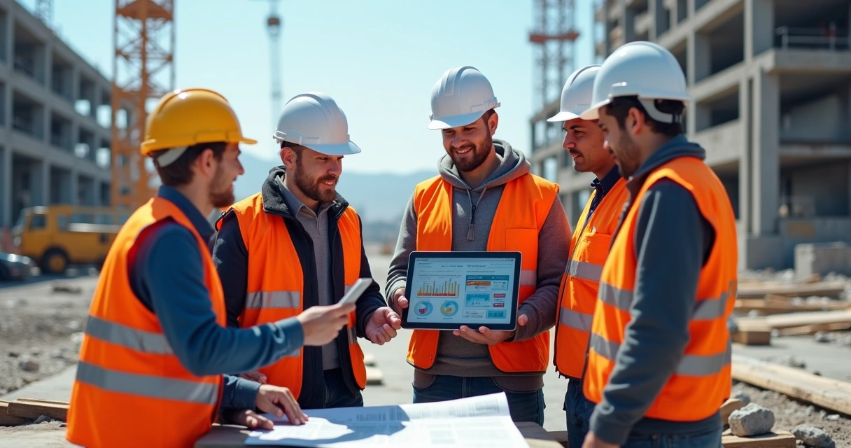 Engenheiro mostrando tablet com dados de obra para equipe na construção 