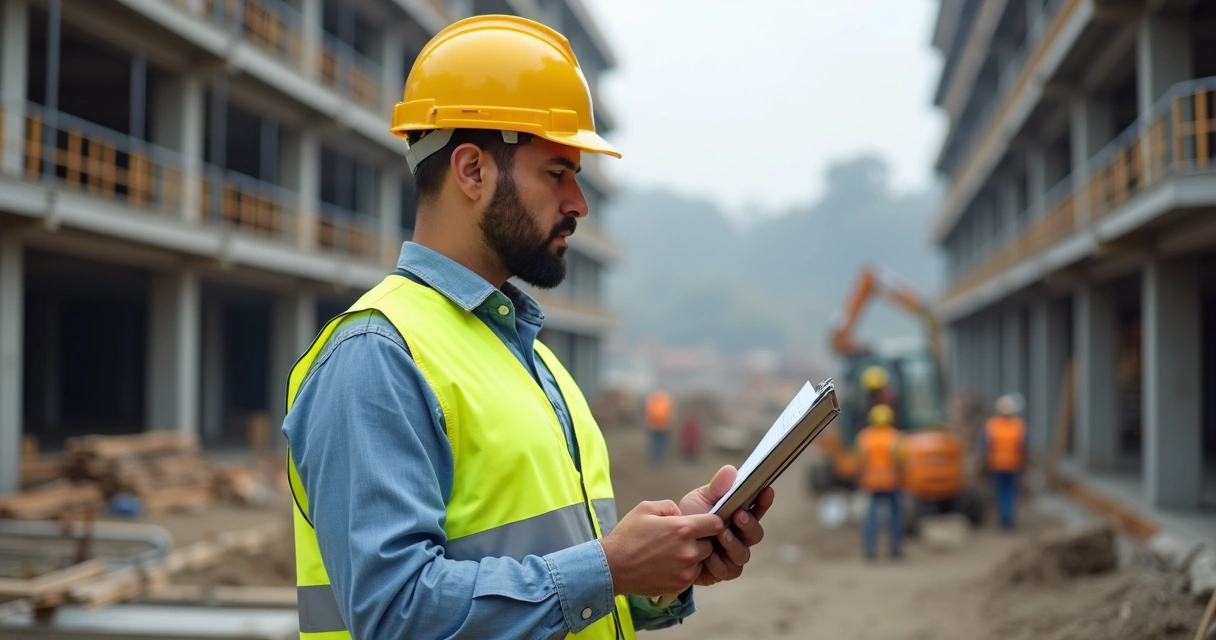 Engenheiro vistoriando uma construção em andamento 