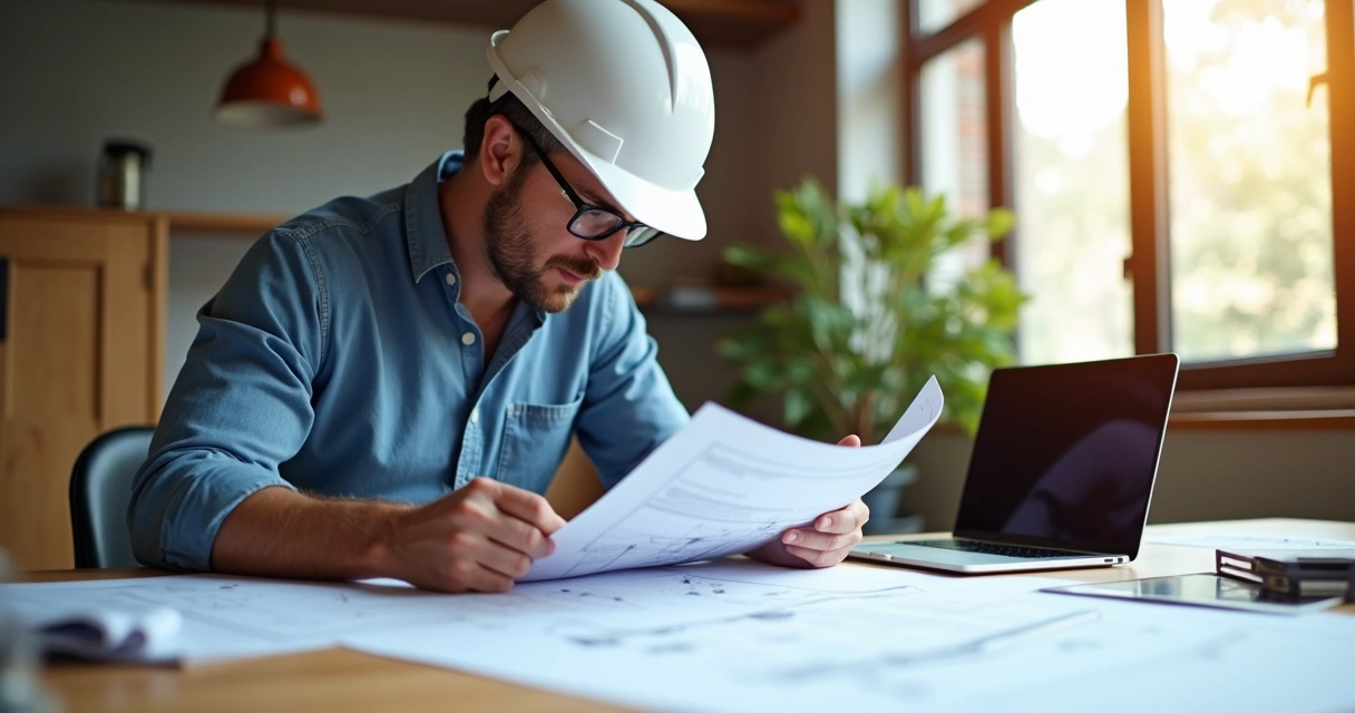 Engenheiro revisando documentos em uma mesa de trabalho 