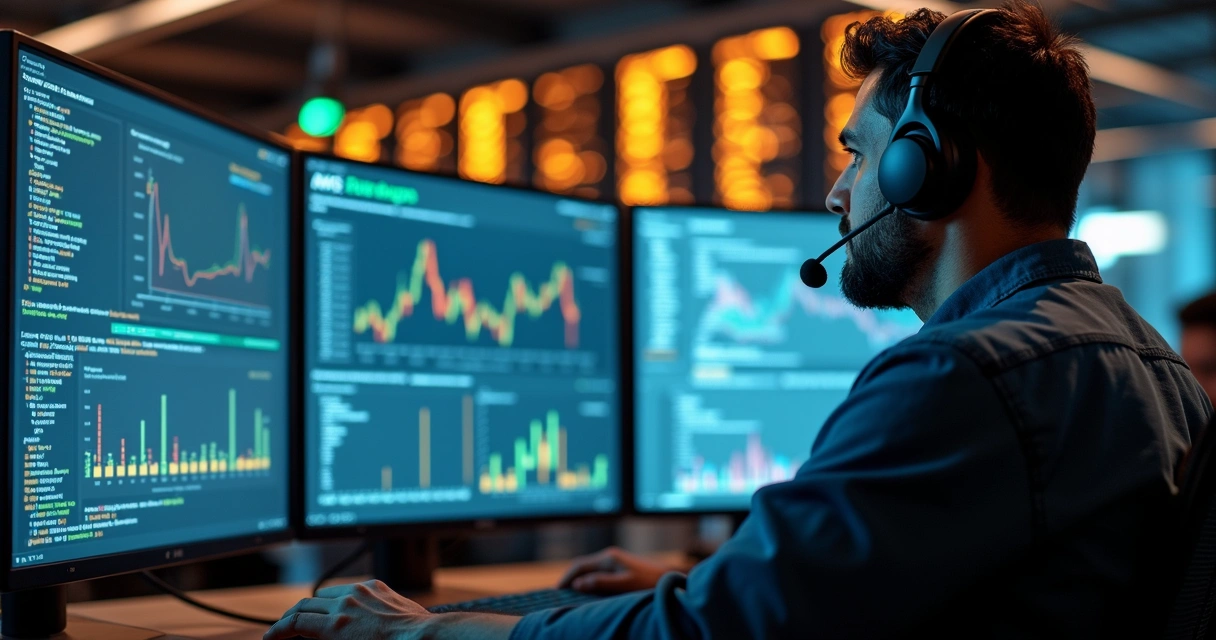 Engenheiro de nuvem monitorando métricas em várias telas 