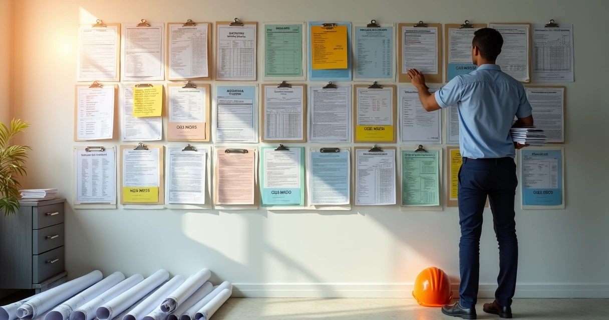 Profissional organizando documentos de INSS de várias obras em parede com pastas e etiquetas 