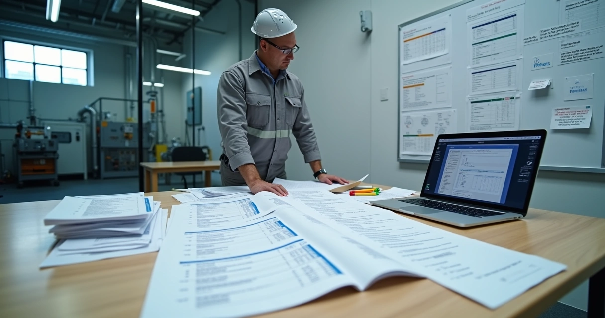 Engenheiro de manutenção organizando relatórios técnicos padronizados sobre mesa de trabalho 
