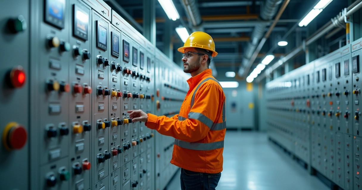 Engenheiro operando painel de controle dentro de subestação de média tensão, com equipamentos elétricos ao fundo 