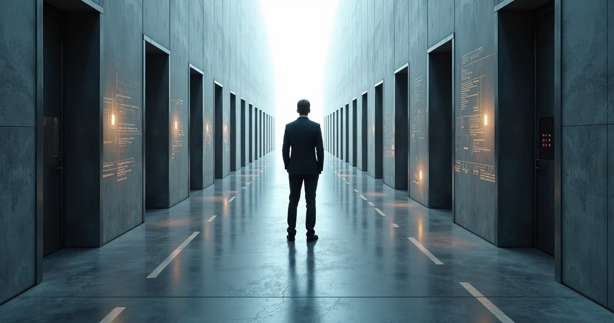 Engenheiro de software diante de portas representando diferentes decisões técnicas 