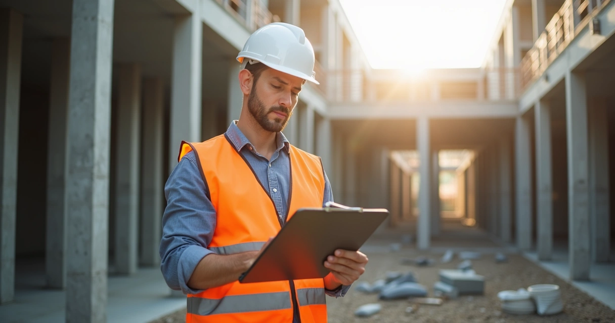 Engenheiro vistoriando obra civil com prancheta 