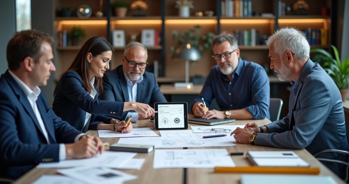 Engenheiro analisando documentos técnicos em mesa de reunião 