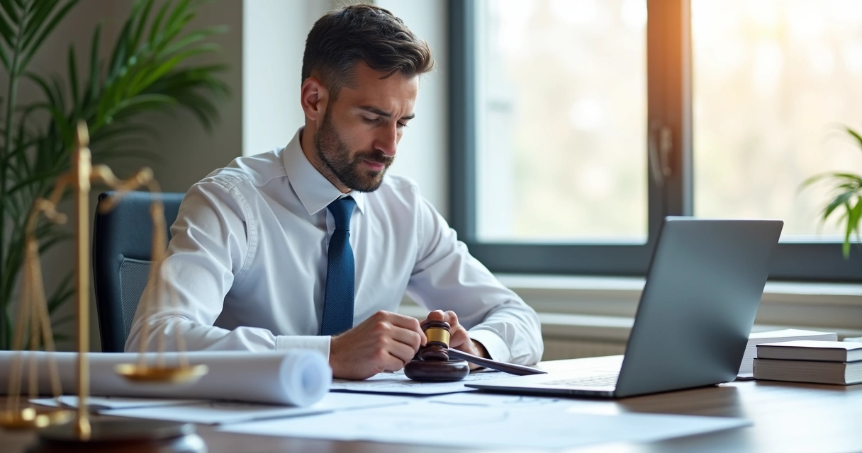 Engenheiro analisando documentos jurídicos e técnicos 