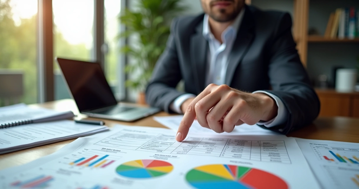 Engenheiro analisando planejamento tributário com gráficos e documentos na mesa. 