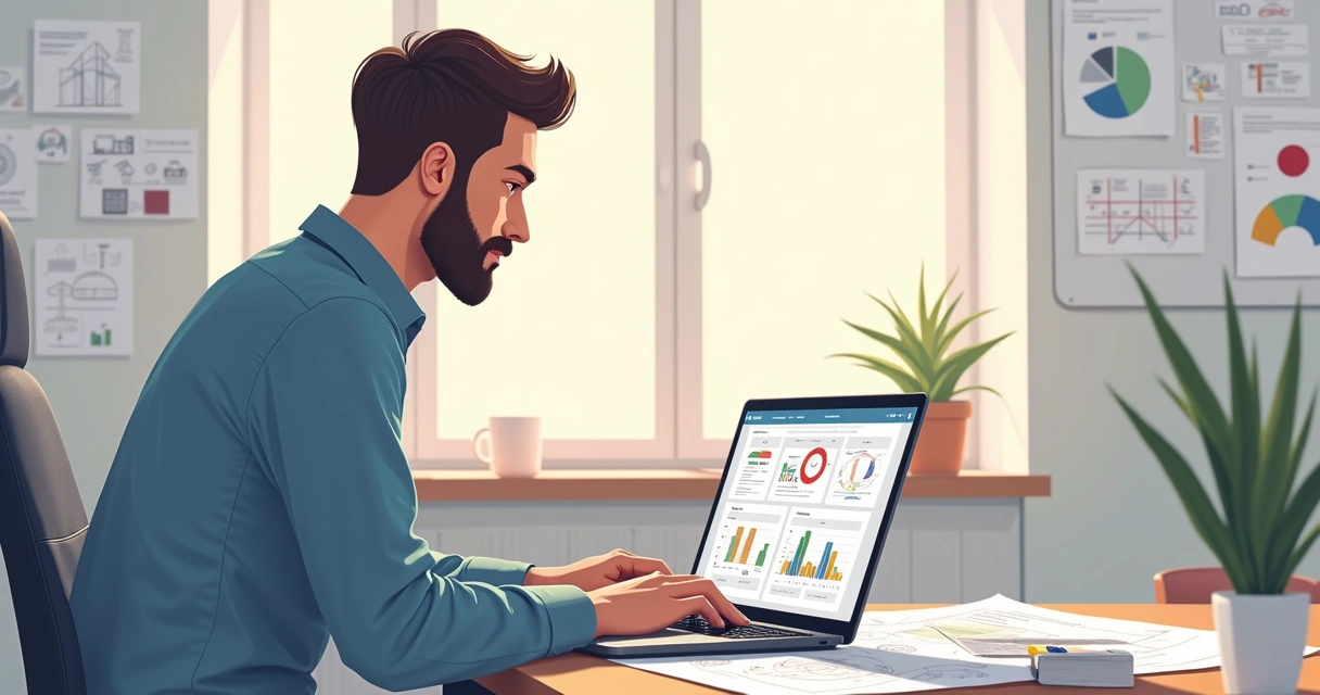 Engenheiro analisando gráficos de uma campanha digital com computador e desenhos técnicos sobre a mesa