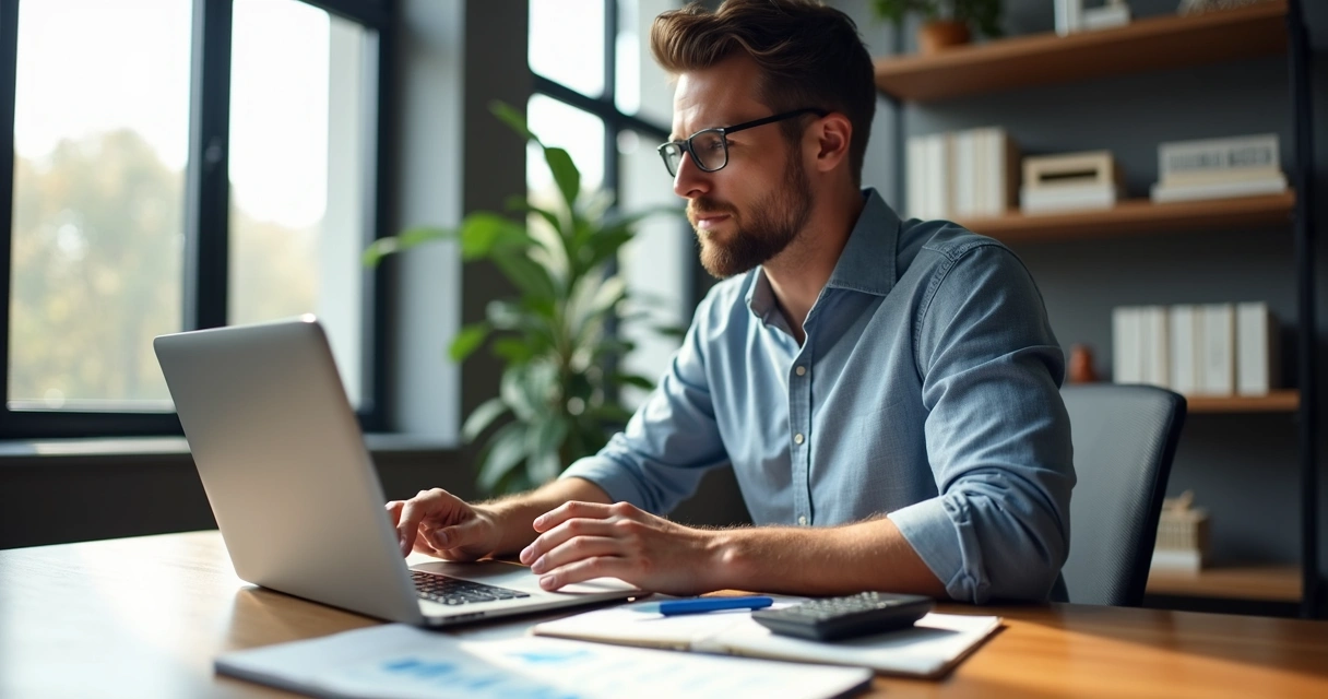 Engenheiro sentado à mesa analisando planilha com gráficos financeiros, bloco de anotações e calculadora ao lado, escritório iluminado ao fundo