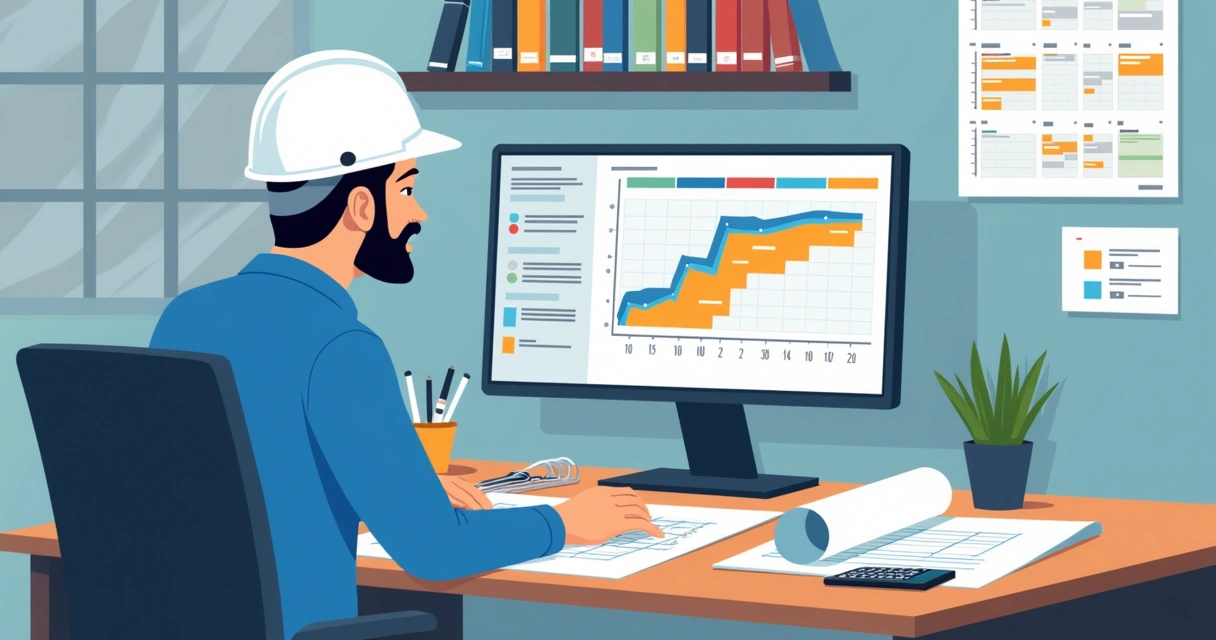 Engenheiro analisa cronograma no computador com gráficos e plantas em volta. 