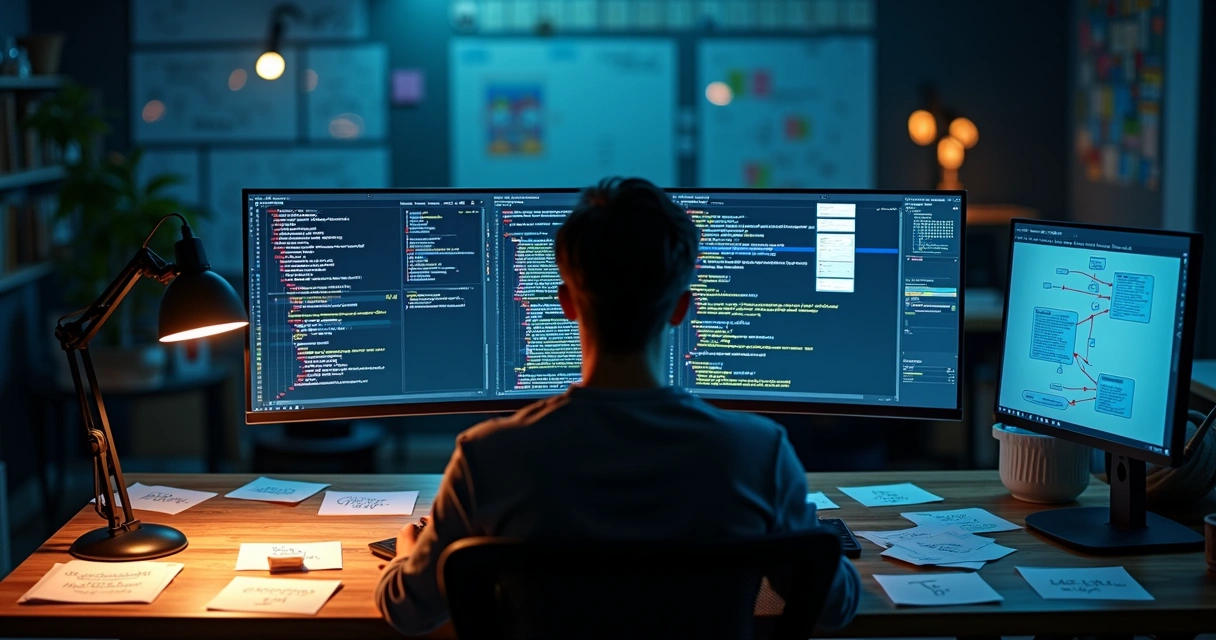 Engenheiro de software planejando roteiros de prompt para testes com LLM em mesa cheia de anotações 
