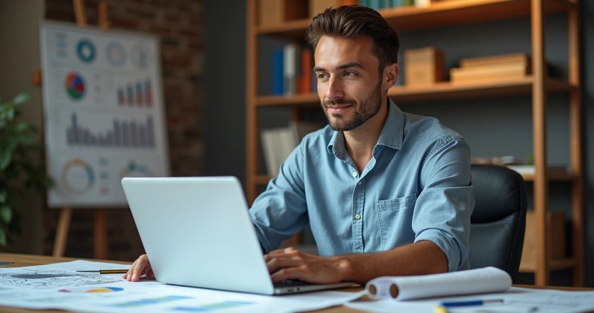 Engenheiro usando planilha financeira no laptop com gráficos coloridos 