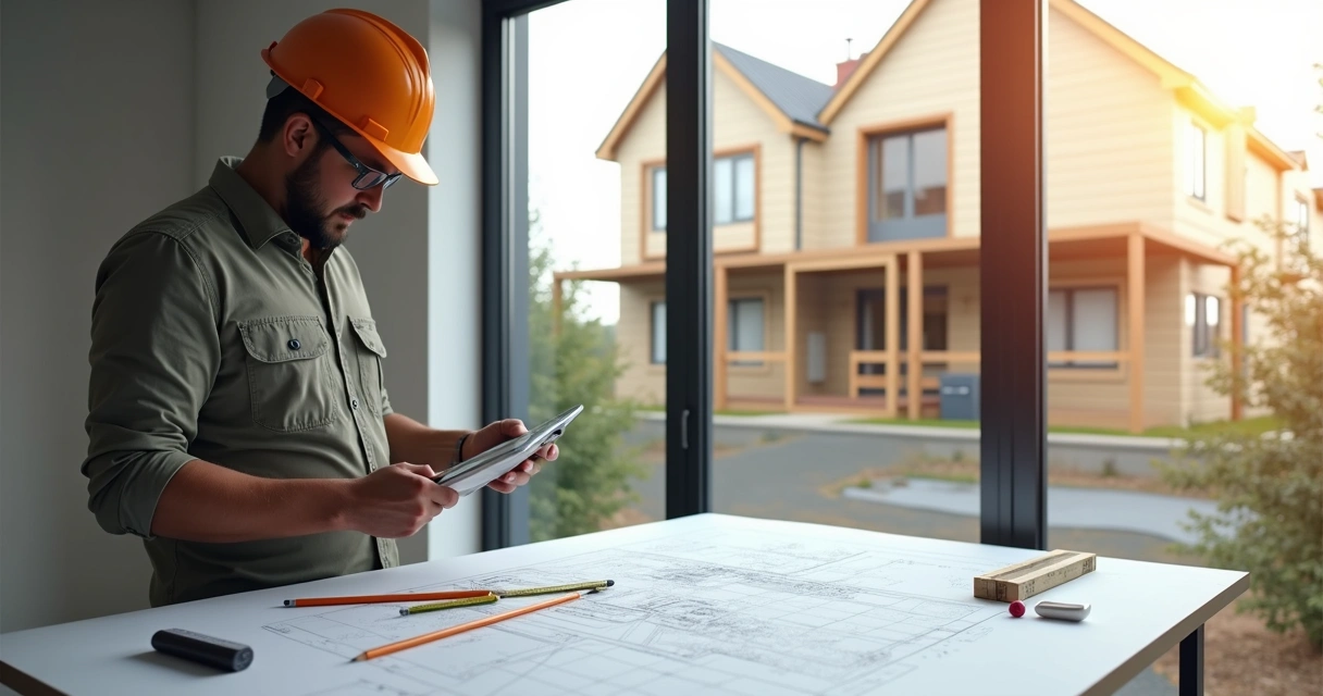 Engenheiro analisando planta de construção com tablet 