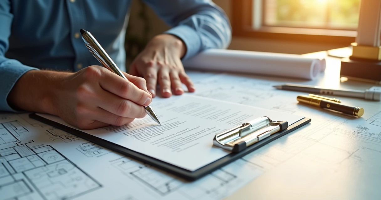 Engenheiro preenche ART em prancheta com projeto de imóvel ao fundo 