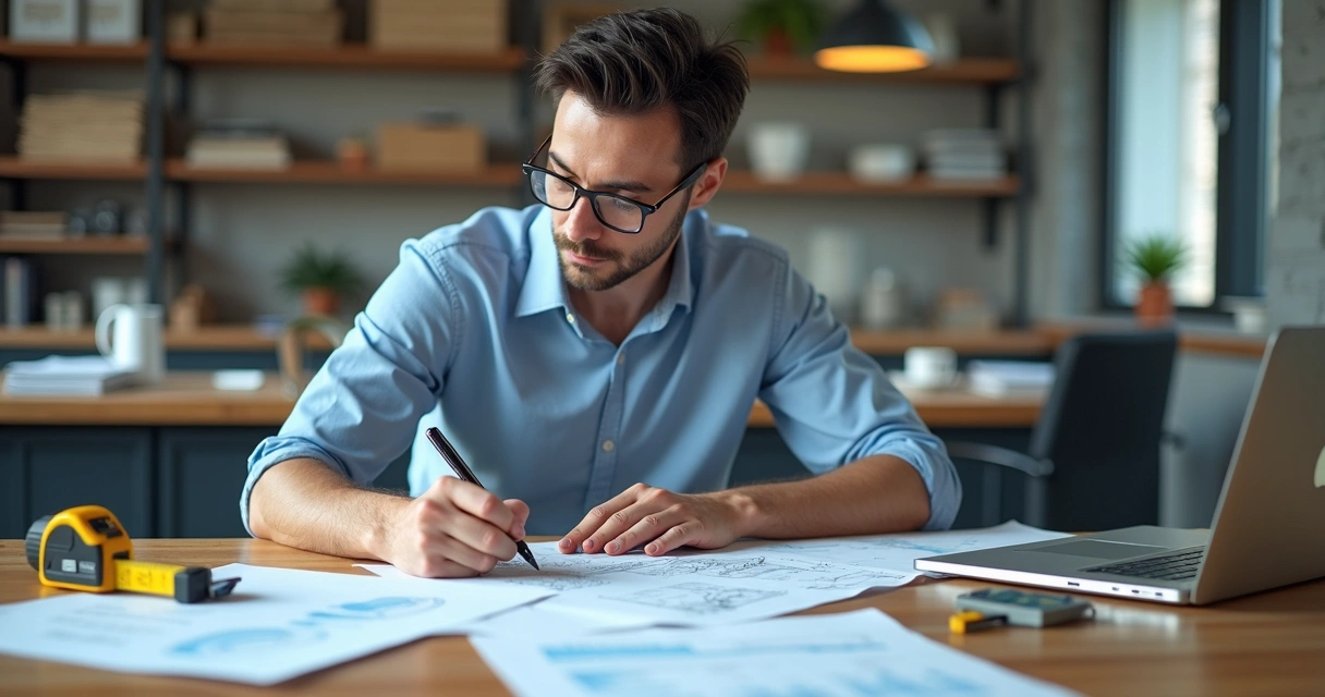 Engenheiro escrevendo laudo sobre mesa com documentos e ferramentas 