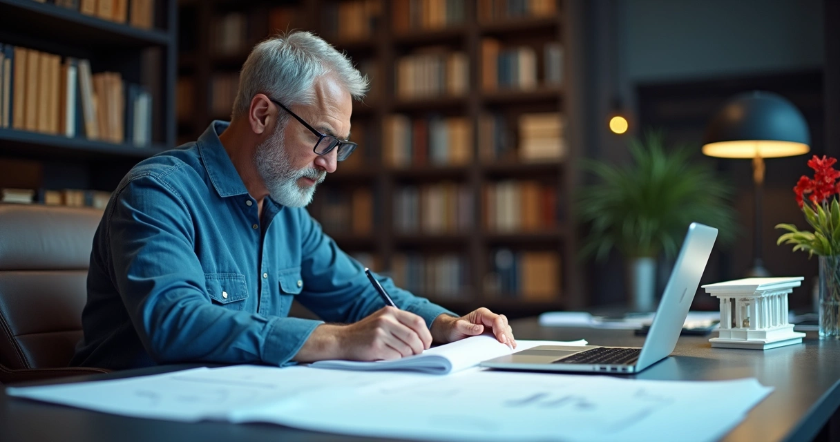 Engenheiro revisando documentos técnicos em escritório moderno 