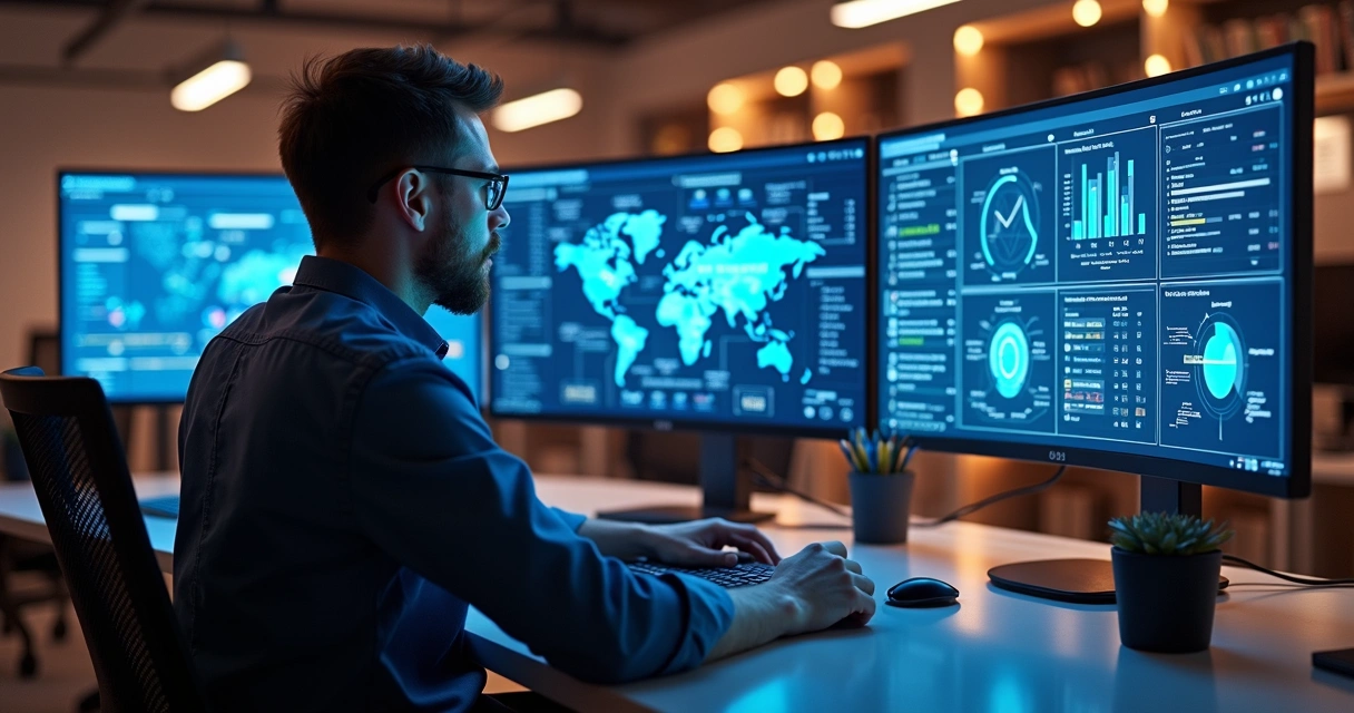 Profissional configurando automações com gráficos e fluxos digitais 