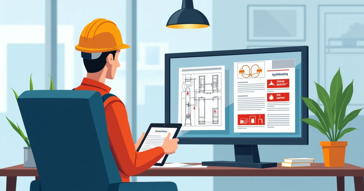 Engenheiro projetando medidas de prevenção de incêndio em ambiente corporativo 