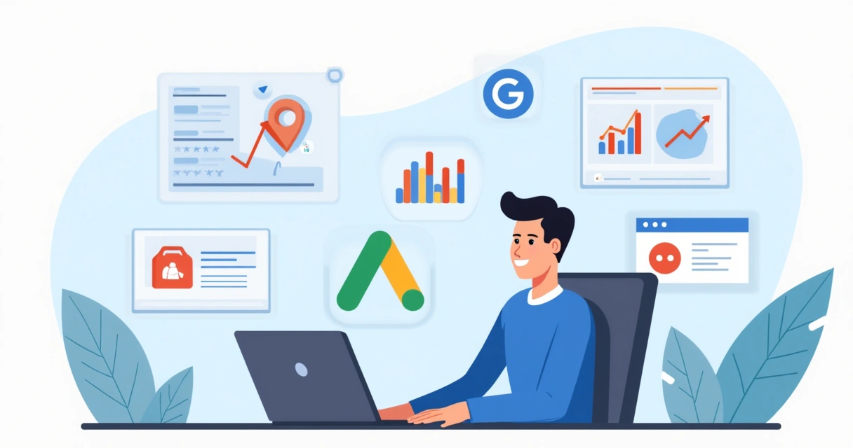 Engenheiro usando computador com gráficos e ícones de Google Ads ao redor 