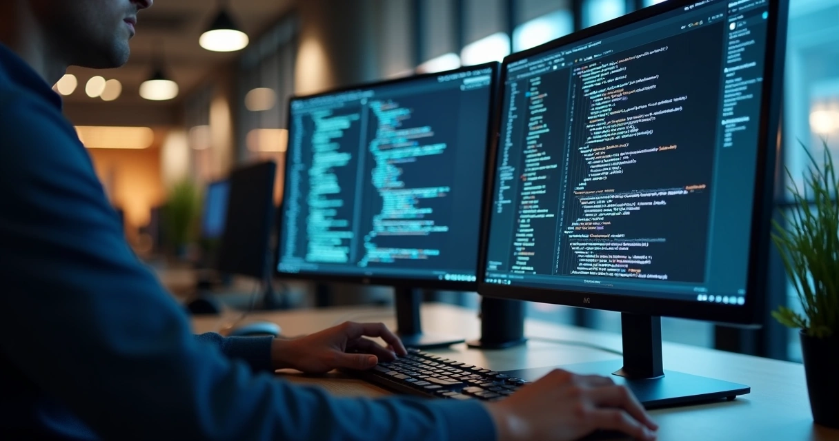 Pessoa digitando código Python na frente de dois monitores 